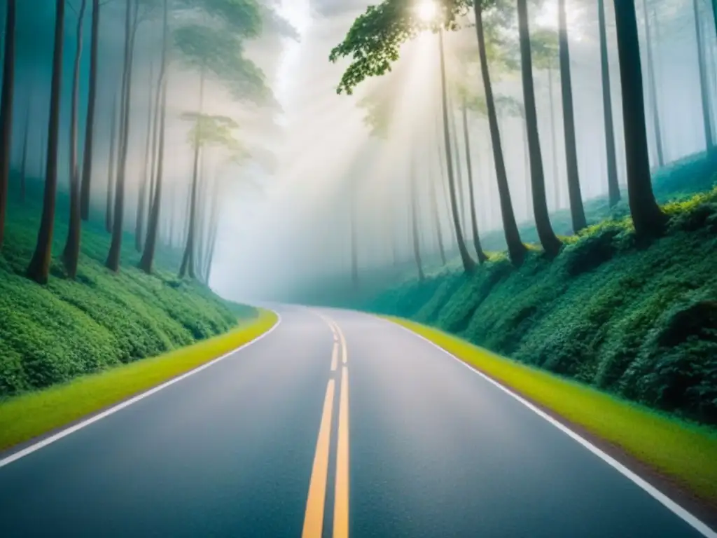 Camino sereno entre bosque verde: viaje seguro y tranquilo Camino serpenteante seguro alquiler coche viaje en bosque verde y soleado, atmósfera tranquila y pacífica