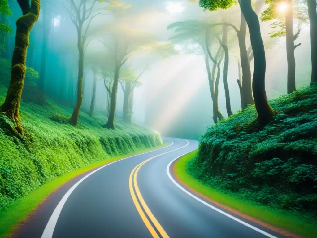 Camino encantado: aventuras mágicas en el bosque vibrante Un camino serpenteante a través de un bosque exuberante con luz solar filtrándose entre el dosel
