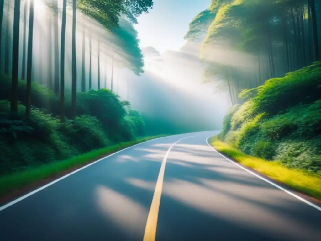 Camino sereno entre bosque: viaje meditativo Un camino serpenteante a través de un frondoso bosque, bañado por la luz del sol
