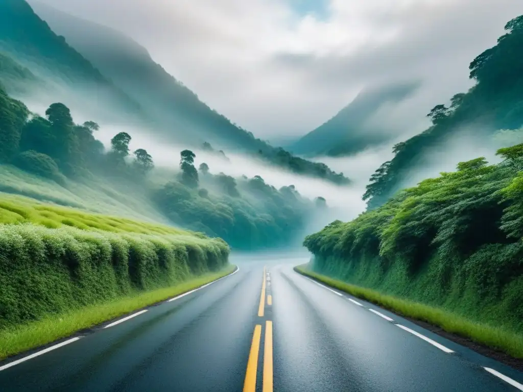 Camino de montaña serpenteante entre bosques verdes al amanecer Un camino sinuoso entre bosques verdes con niebla matinal y luz filtrándose, invita al descubrimiento de viajes por carretera