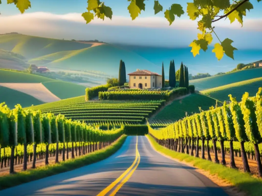 Viaje enológico: ruta entre viñedos y bodegas Un camino sinuoso entre viñedos, con uvas verdes bajo el sol
