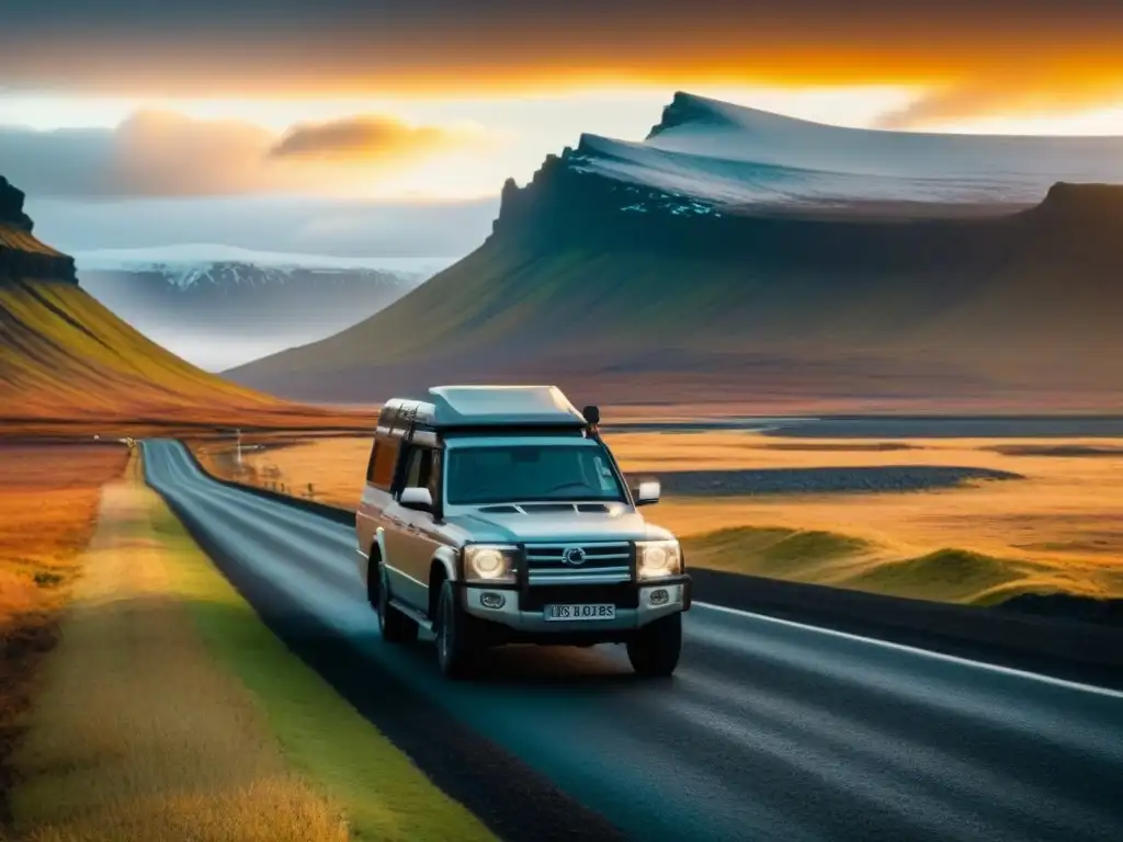 Expedición de lujo por Islandia: vehículo moderno en paisaje salvaje Camioneta de expedición de lujo recorriendo un paisaje islandés, con montañas nevadas al fondo, en una ruta de lujo por carretera