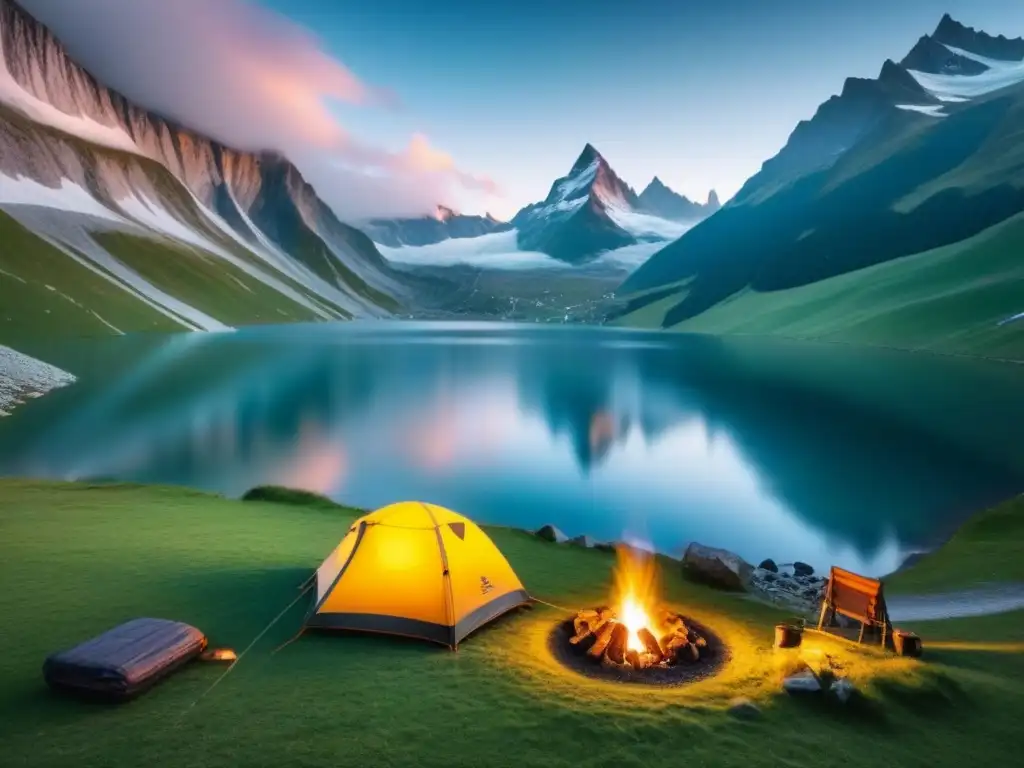 Campamento mágico en los Alpes: estrellas, fogata y risas Campamento acogedor en los Alpes suizos, con fogata bajo un cielo estrellado, reflejando la belleza de los campings con encanto Europa