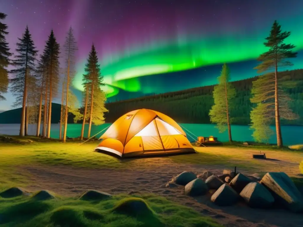 Camping bajo las Luces del Norte en un Bosque Escandinavo Campamento encantador bajo auroras boreales en bosque nórdico