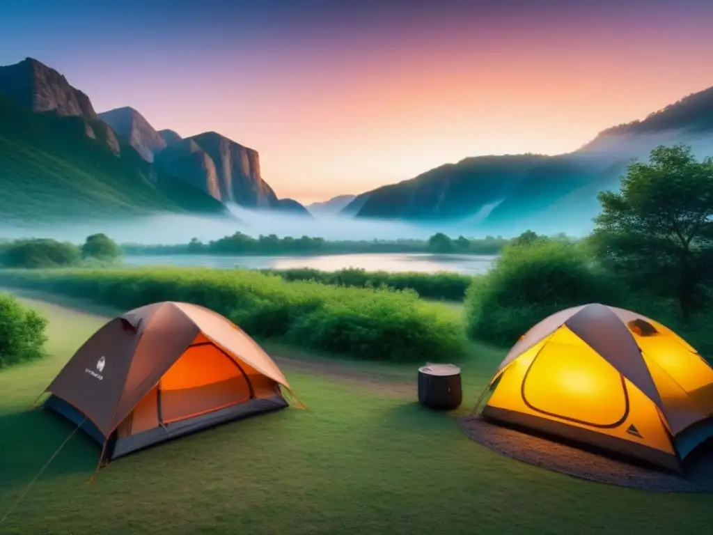Escena mágica: Acogedor campamento en la naturaleza europea Campamento encantador en la naturaleza europea, tienda acogedora iluminada rodeada de vegetación y río sereno al fondo
