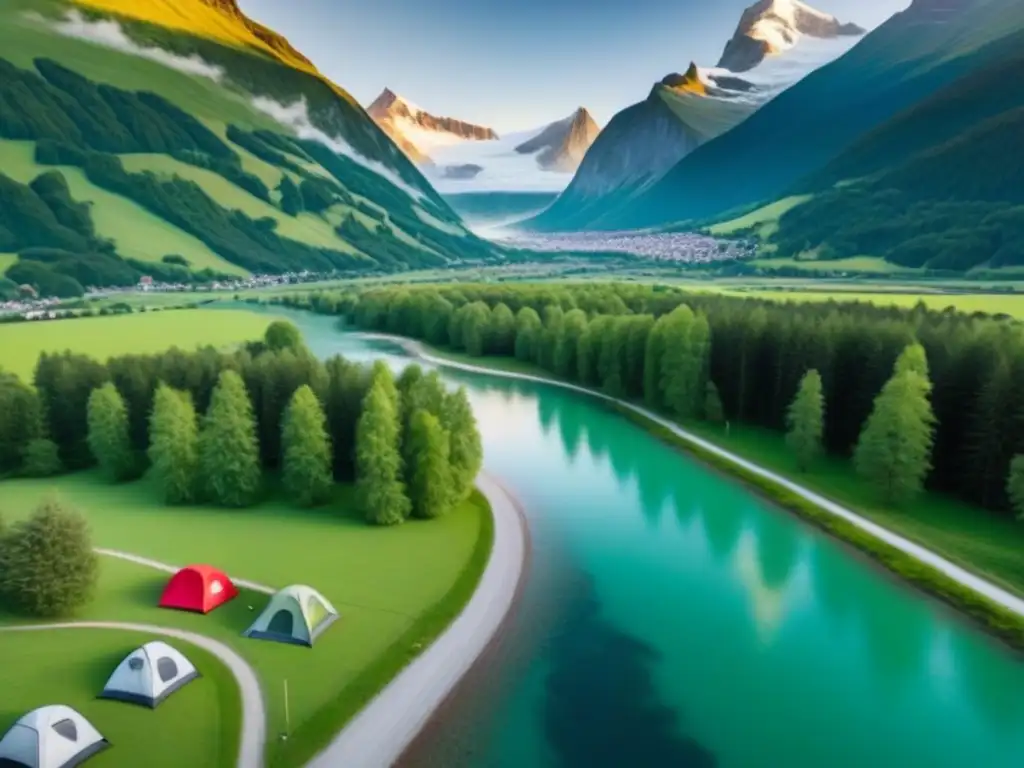 Campamento alpino: aventura y tranquilidad en Suiza Un campamento con encanto en los Alpes Suizos: tiendas de colores, río cristalino, campistas disfrutando de la naturaleza