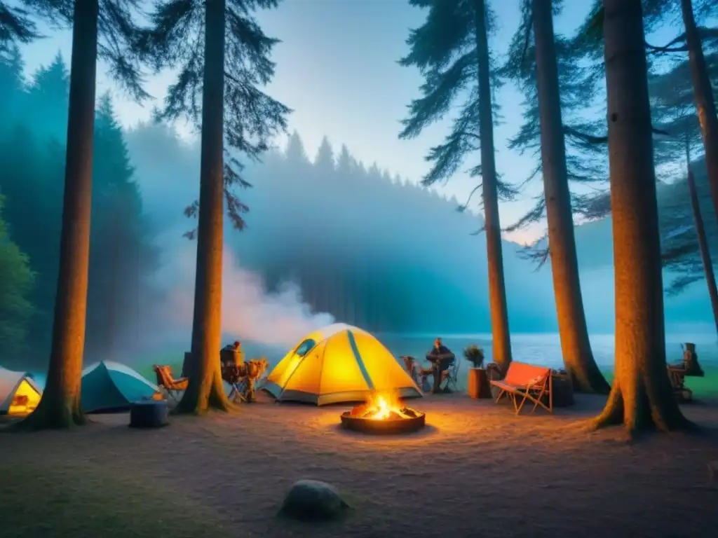 Campamento sereno en bosque europeo: tiendas coloridas, fogata y tranquilidad Campamento con encanto en Europa: tiendas de colores entre árboles altos, fogata y linternas iluminando la escena tranquila