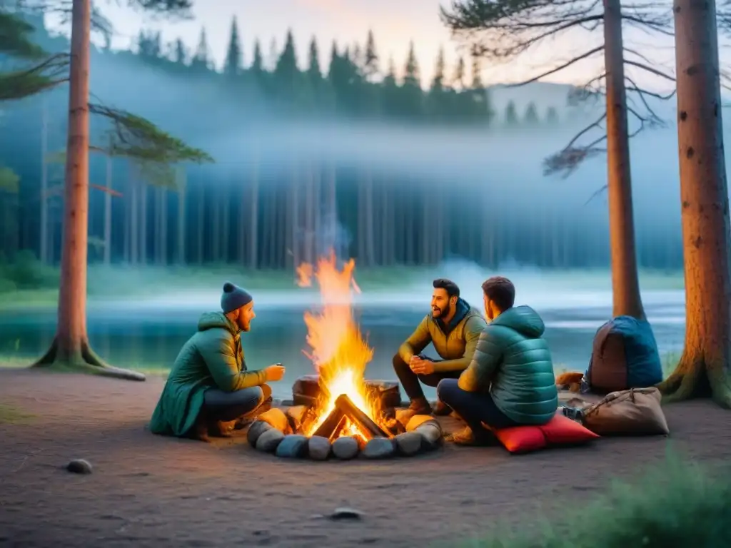 Campamento mágico: amigos, fogata y naturaleza en armonía Un campamento sereno entre altos pinos, con arroyo y fogata