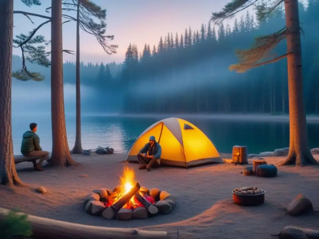 Refugio nocturno entre pinos: tienda iluminada y lago estrellado Campamento sereno al anochecer con tienda acogedora iluminada, rodeada de altos pinos y un fogata brillante