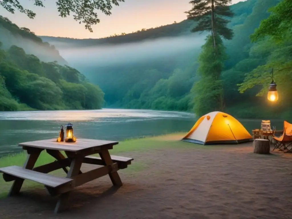 Campamento mágico en el bosque al atardecer Un campamento sereno en el bosque: tienda acogedora, fogata y mesa rústica bajo la luz dorada del atardecer