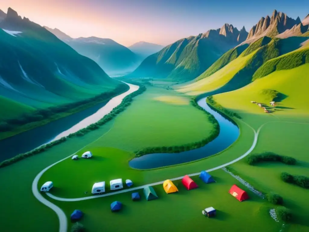 Campamento europeo entre montañas nevadas Campings con encanto en Europa: Vista aérea de un campamento pintoresco rodeado de montañas nevadas y naturaleza exuberante al atardecer