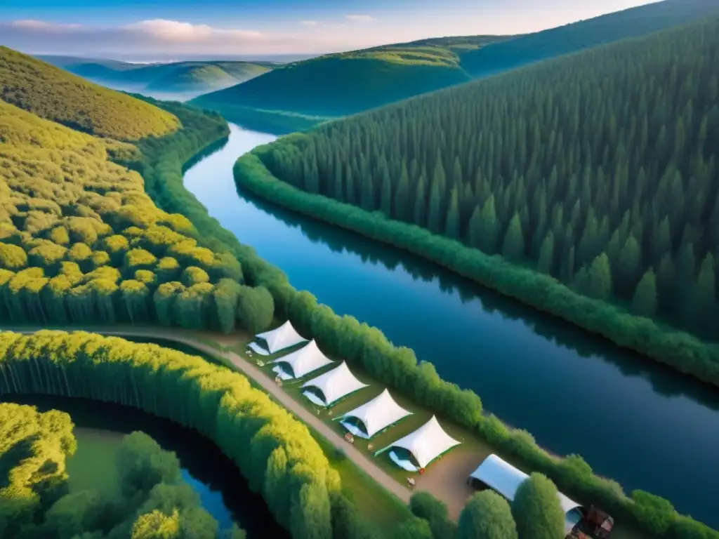 Campamento encantador en bosque ibérico: oasis de naturaleza Campings con encanto Europa: Un camping encantador en un bosque exuberante de la Península Ibérica al atardecer