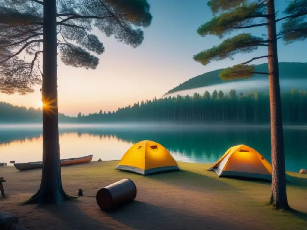 Camping europeo al atardecer: colores vibrantes en paisaje natural Campings con encanto Europa: Acampada pintoresca al atardecer entre pinos y lago sereno