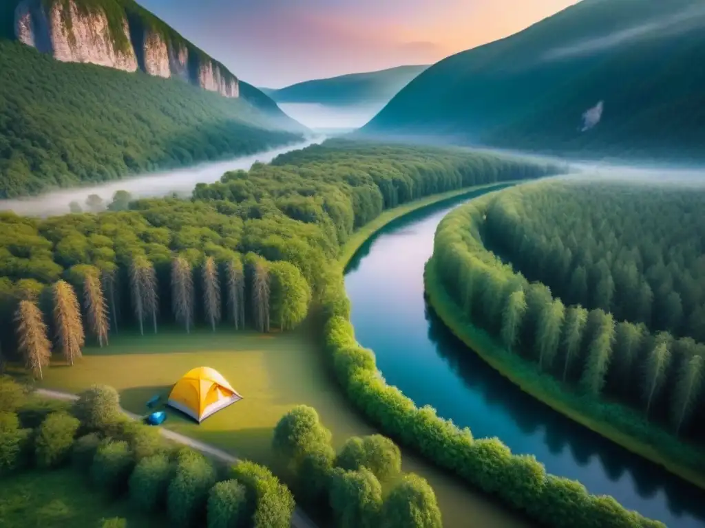 Campamento de ensueño en bosque europeo: tiendas coloridas entre árboles al atardecer Campings con encanto Europa: Tiendas y campistas en un bosque europeo al atardecer