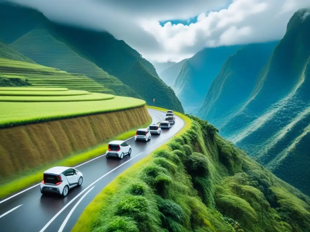 Caravana de vehículos eléctricos en ruta ecológica por montañas verdes Caravana de vehículos eléctricos recorriendo un camino entre montañas verdes en América Latina