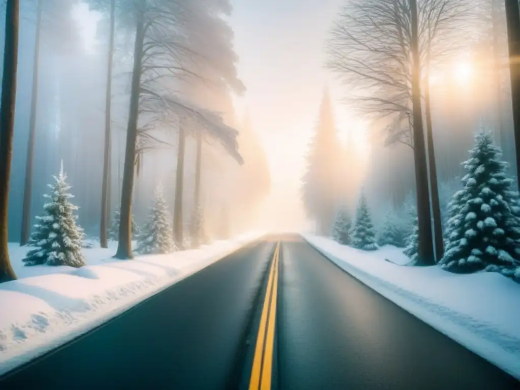 Sendero nevado entre árboles altos en paisaje invernal Carreteras icónicas invierno viajes: Un paisaje invernal majestuoso con un camino serpenteante y árboles cubiertos de nieve