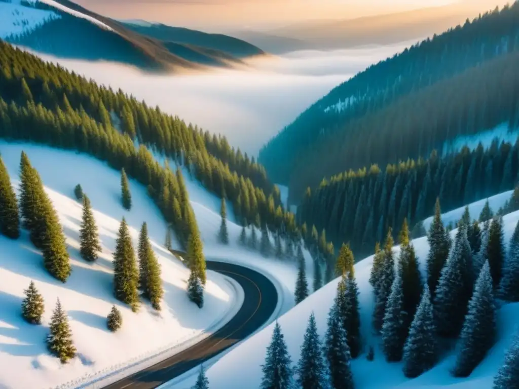 Camino de montaña nevado: belleza invernal Carreteras icónicas invierno viajes: Paisaje invernal de ensueño con camino serpenteante entre pinos nevados