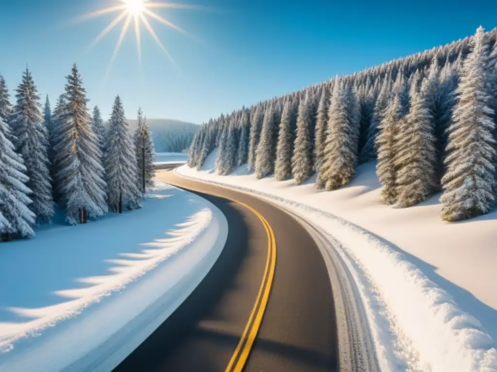Camino de montaña nevado: aventura invernal Carreteras icónicas invierno viajes: Ruta montañosa nevada con pinos y autos en paisaje invernal