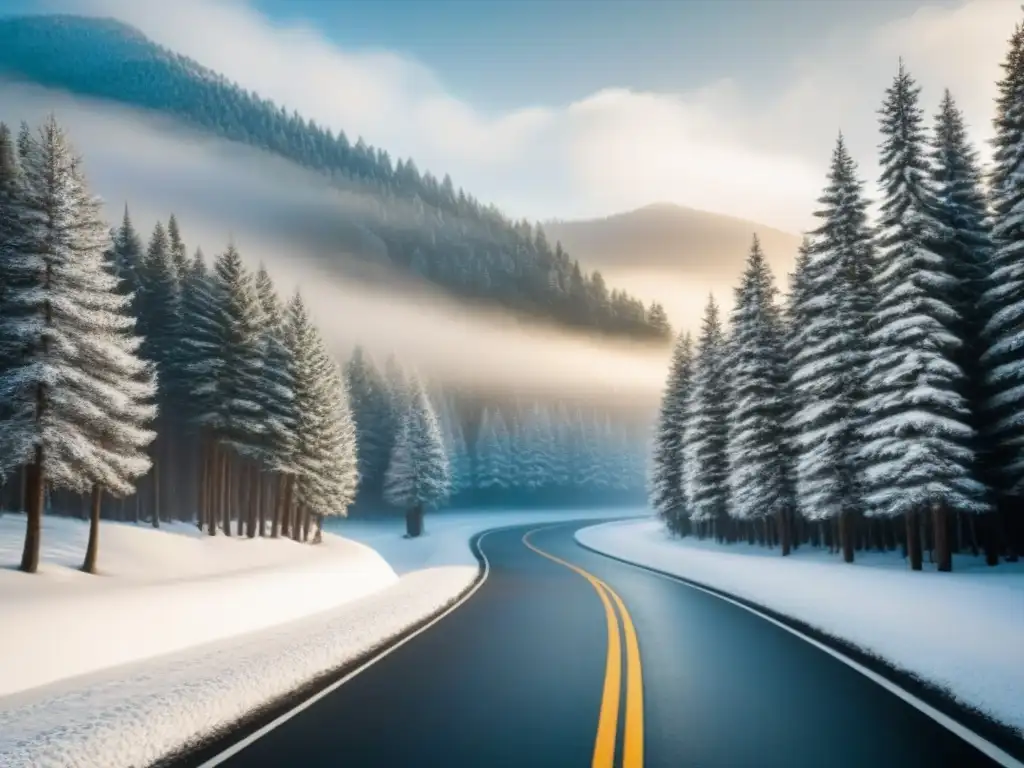 Camino montañoso invernal: misterio y aventura nevada Carreteras icónicas invierno viajes: Camino serpenteante bajo la nieve, pinos nevados y montañas misteriosas