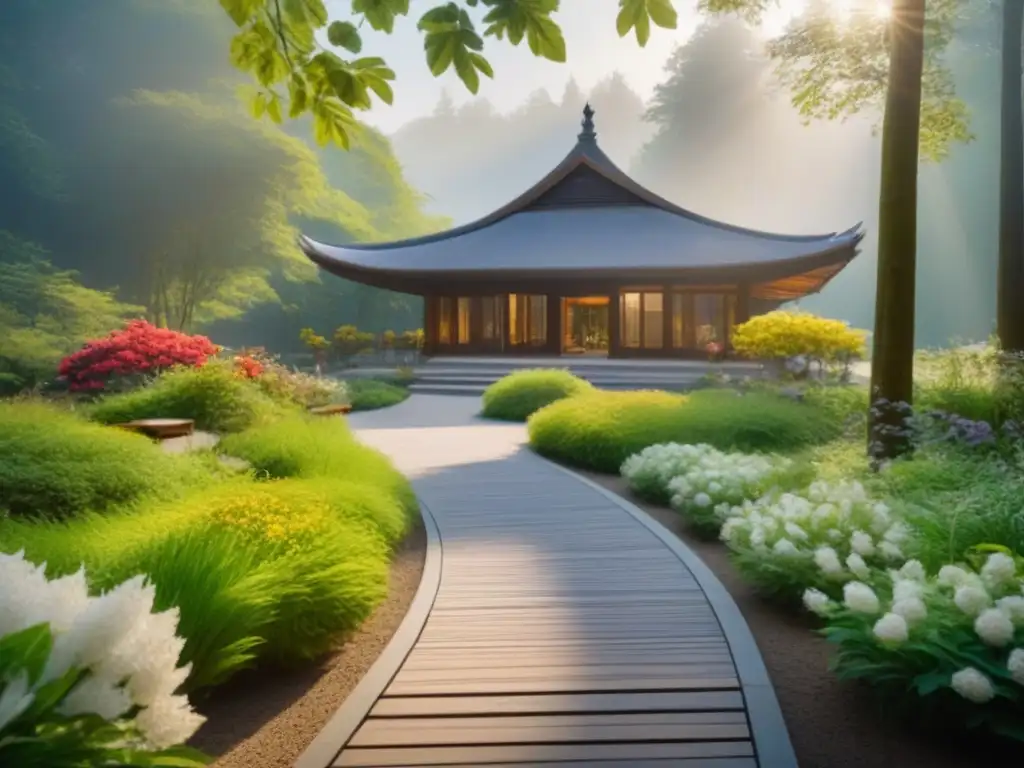 Centro de salud oculto en el bosque: inclusivo y sereno Un centro de salud escondido en un bosque verde con pacientes diversos entrando, rodeado de árboles altos y flores