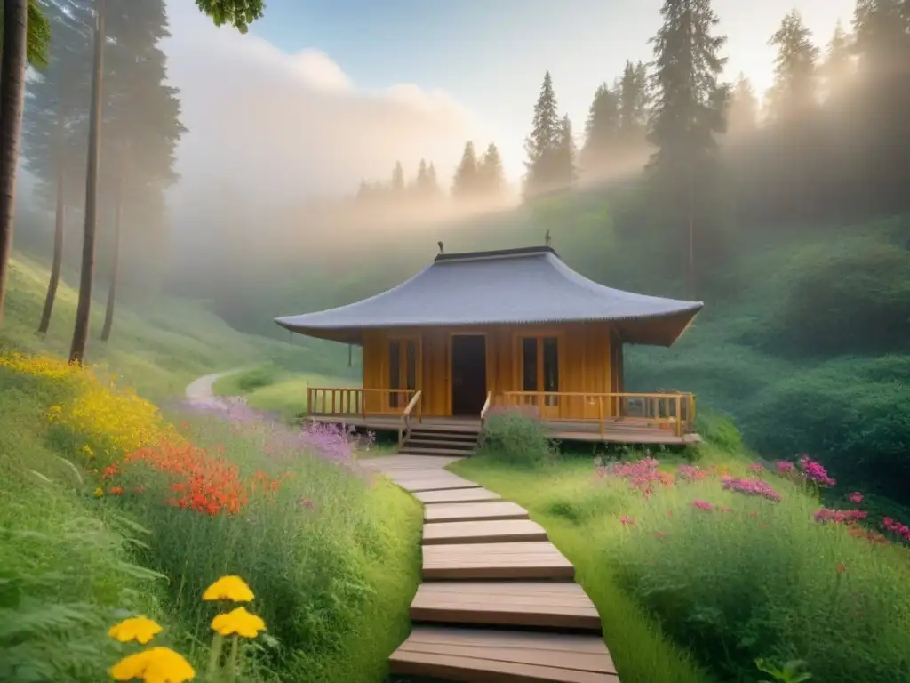 Centro de Salud Escondido: Santuario Natural en el Bosque Un centro de salud escondido en un bosque exuberante, con un cartel de madera que dice 'Centro de Salud Escondido'