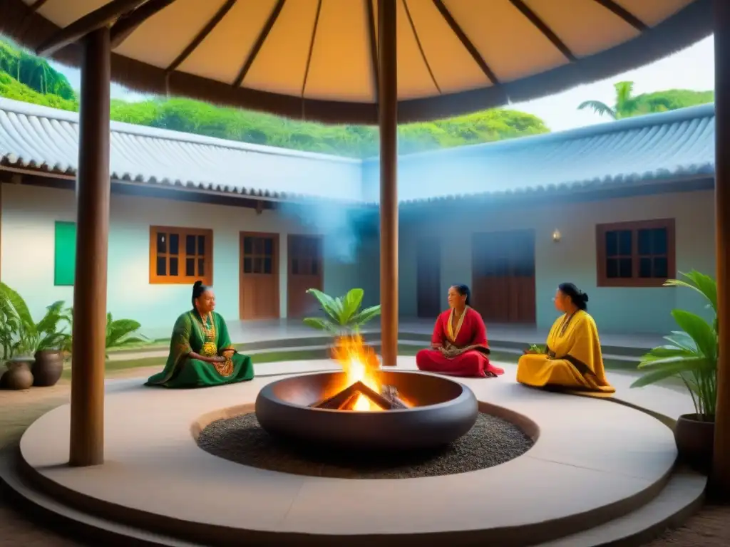 Centro de salud oculto en la selva: curación ancestral Descubre un centro de salud escondido en la jungla tropical, con curanderos indígenas en una ceremonia alrededor de un fogón