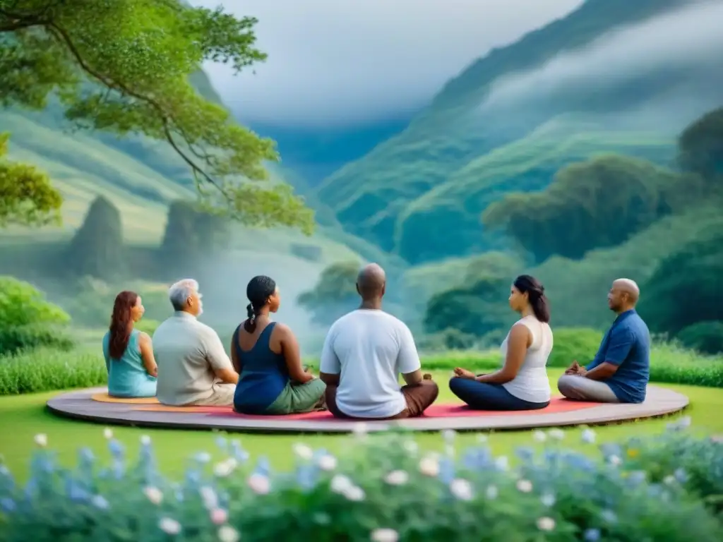 Retiro de meditación: grupo diverso en armonía natural Un círculo de meditación en la naturaleza con viajeros diversos