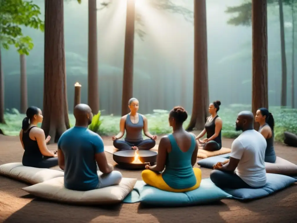 Retiro de meditación en el bosque: diversidad y serenidad Un círculo de personas diversas en un retiro de meditación transformador, concentradas y en paz en un claro del bosque