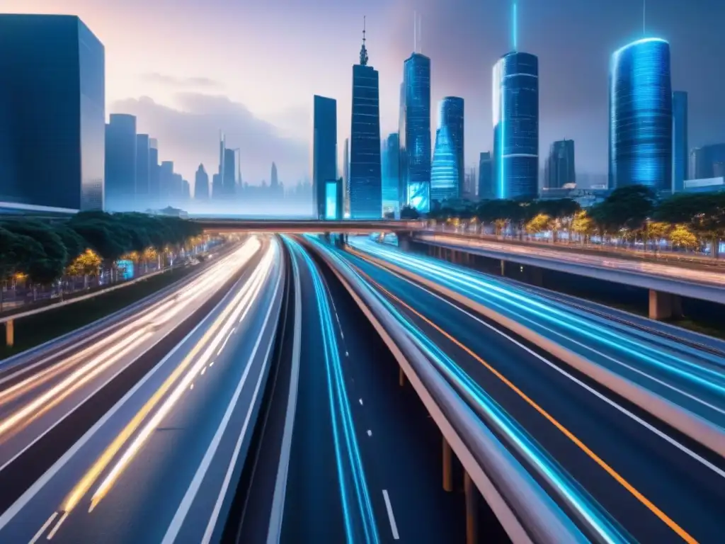 Metrópolis futurista: IA revoluciona el transporte urbano Una ciudad futurista con tecnología AI para optimizar viajes por carretera