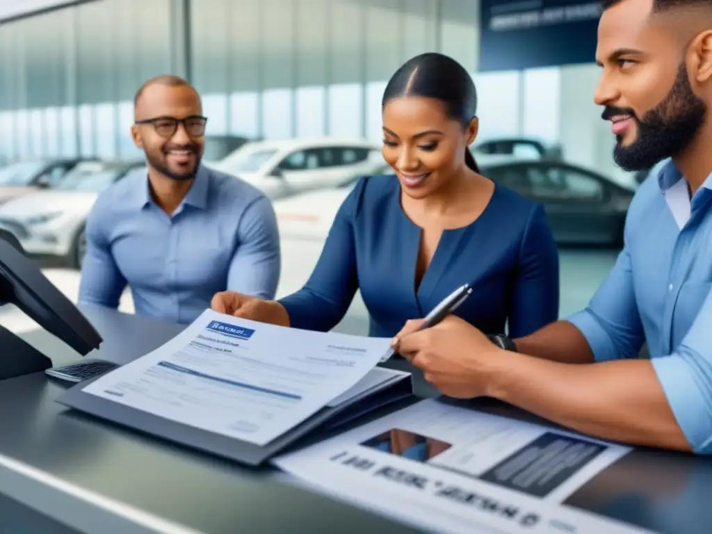 Proceso de seguro en alquiler de coches: confianza y profesionalismo Un cliente firma documentos de seguro de alquiler de coche mientras un agente explica detalles, con vista a coches de alquiler
