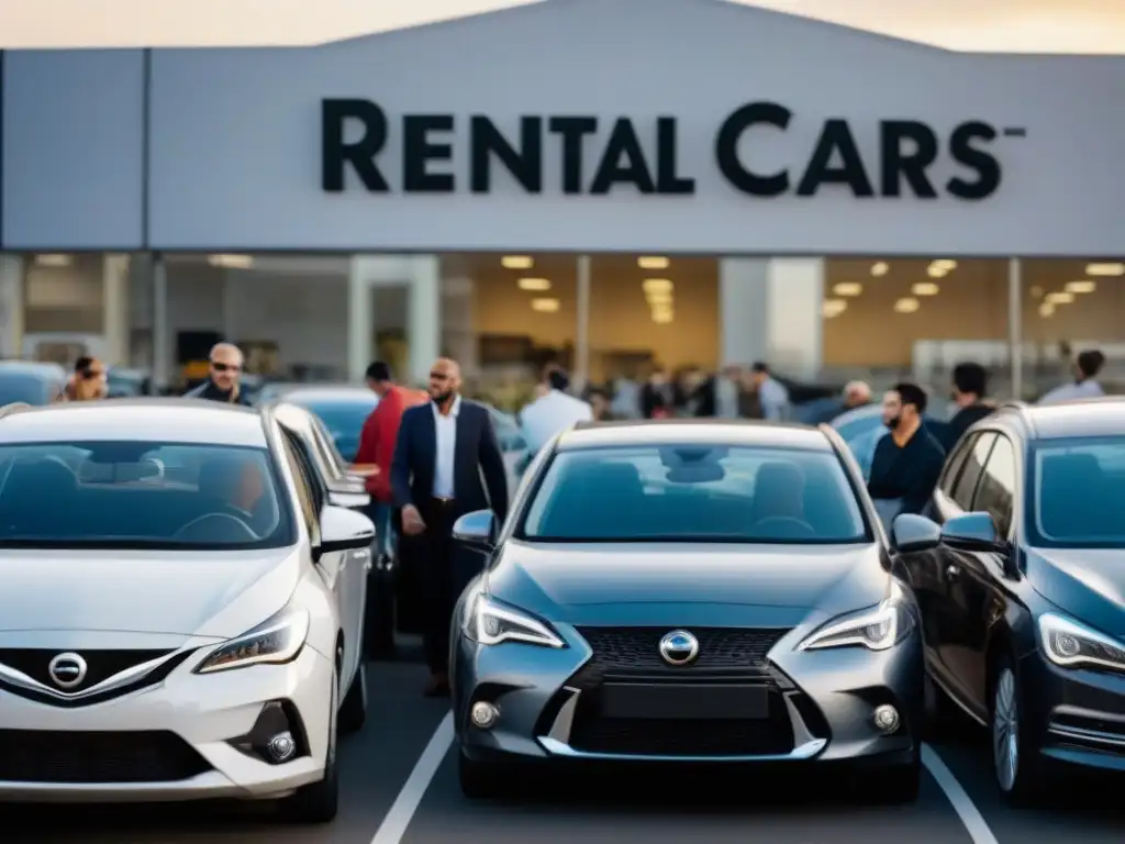 Alquiler de autos: diversidad y emoción en agencia de alquiler Clientes felices preparando su viaje en una agencia de alquiler de coches, reflejando confianza y satisfacción