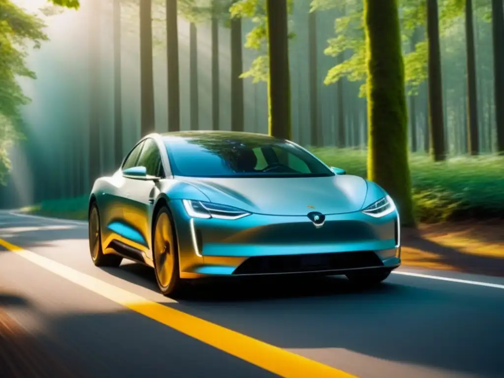 Ecoauto eléctrico en bosque: sostenibilidad en movimiento Un coche eléctrico moderno en un bosque verde con rayos de sol destacando sus características ecológicas