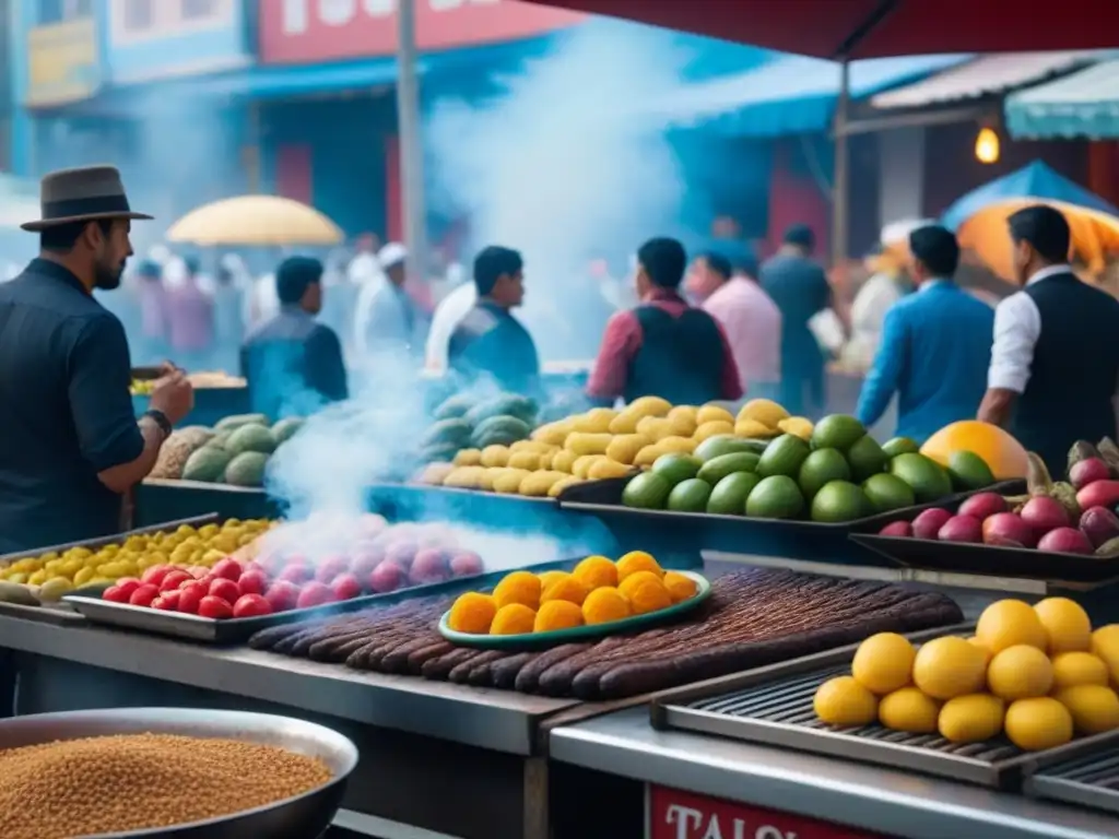 Mercado gastronómico vibrante en América Latina: colores, sabores y tradición Colorido mercado de alimentos en América Latina, con puestos rebosantes de frutas exóticas y platos tradicionales