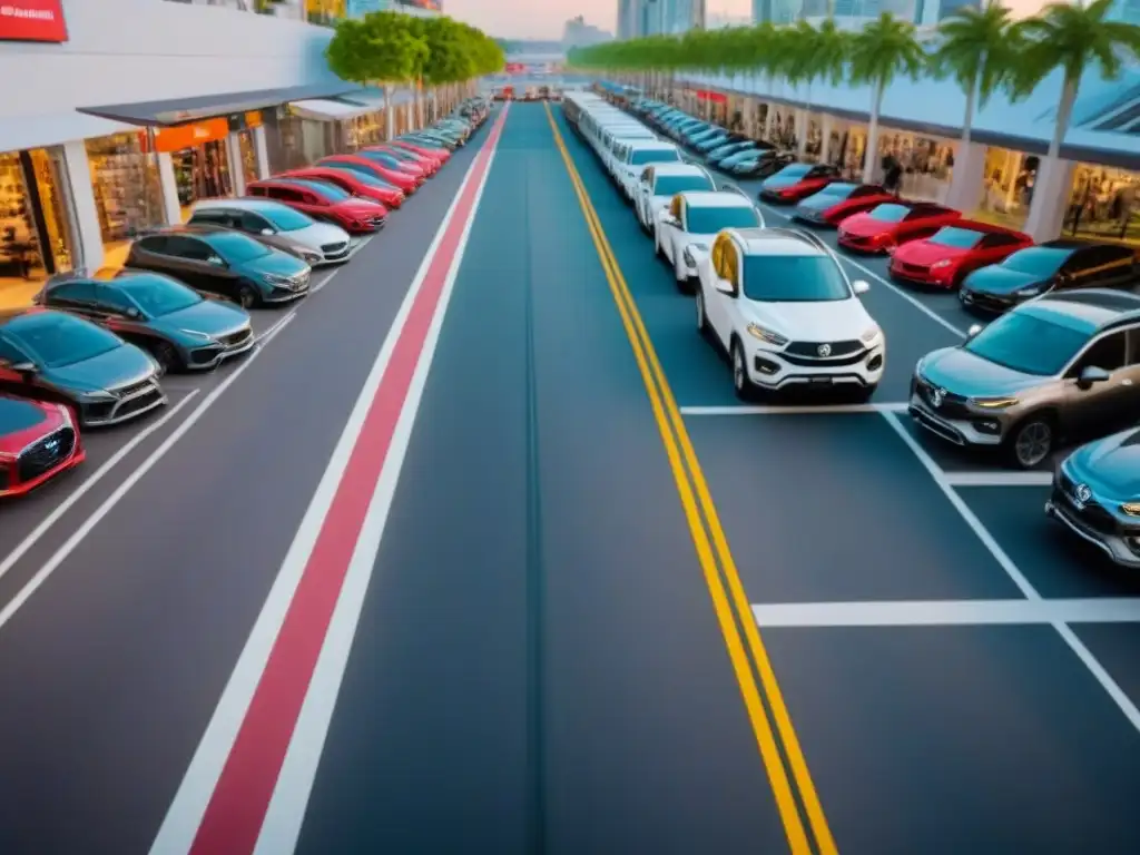 Variedad de alquiler de coches en la ciudad Una concurrida calle de la ciudad con agencias de alquiler de coches, vehículos de diversos tipos y clientes buscando ofertas