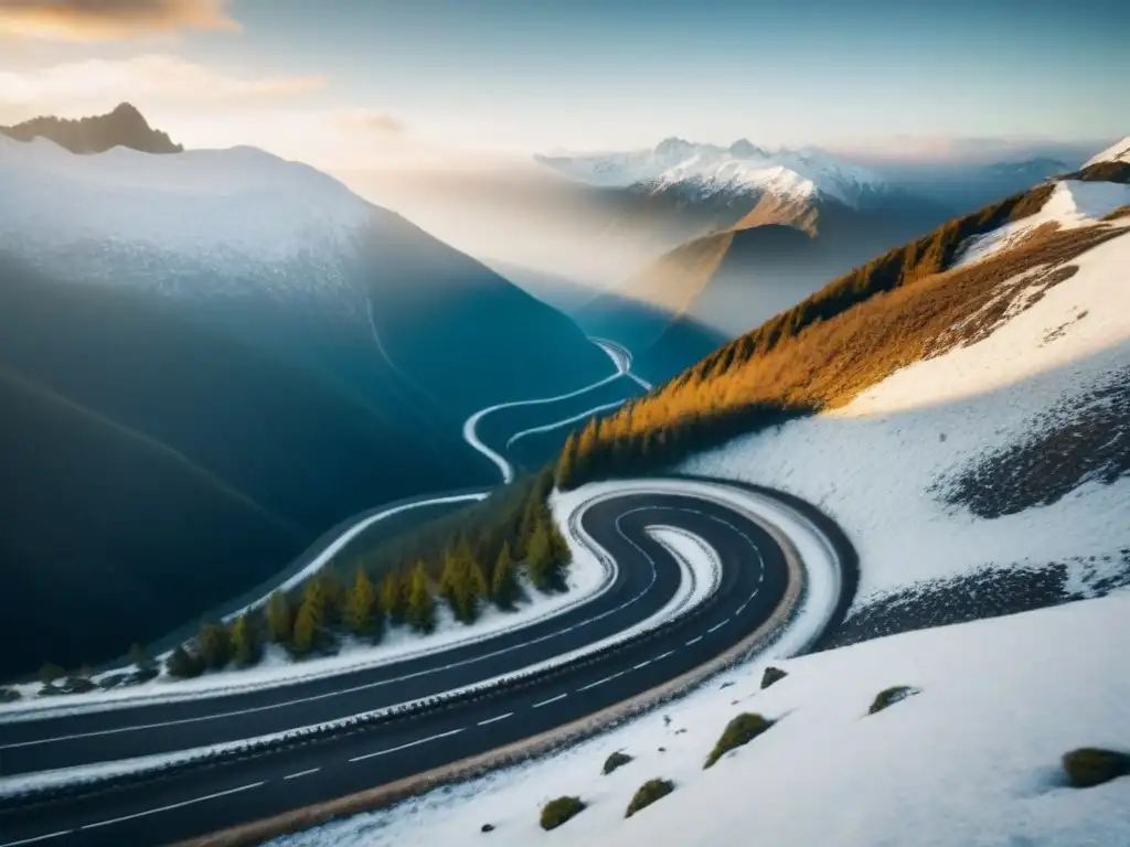 Desafiante camino de montaña nevado: estrategia y seguridad en la ruta Conducción en distintos climas y terrenos: Caravana ascendiendo por carretera de montaña nevada entre picos escarpados y majestuosos