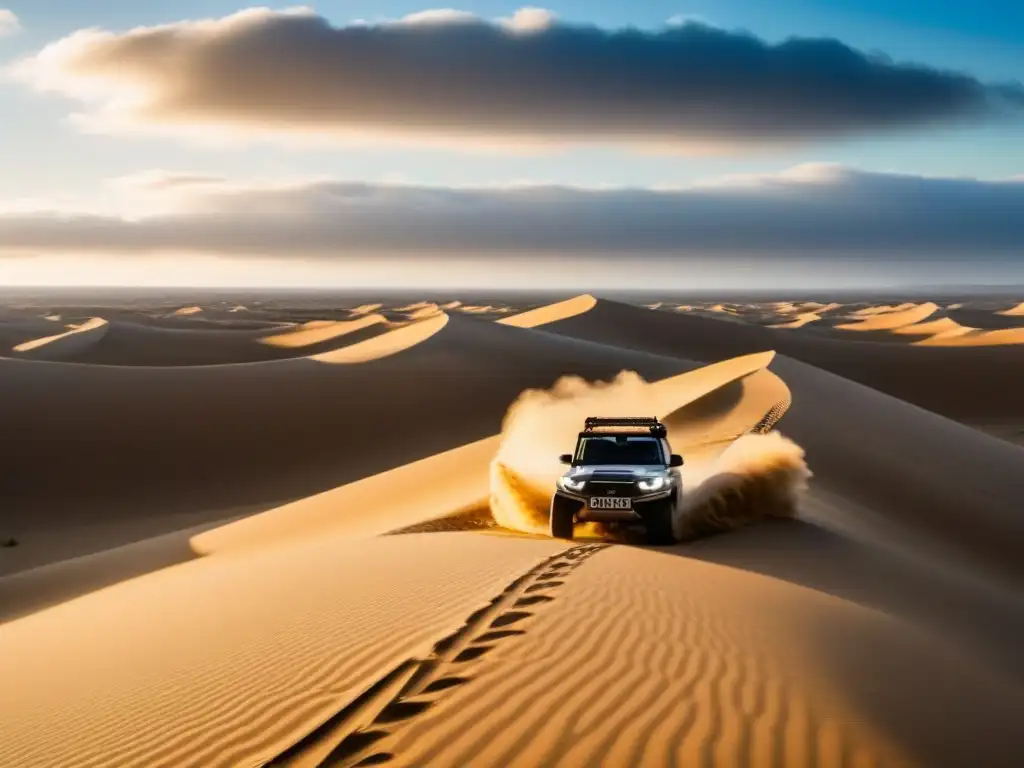 Explorando el desierto: aventura todoterreno entre dunas doradas Conducción en distintos climas y terrenos: 4x4 en desierto dorado bajo cielo azul, levantando nubes de arena