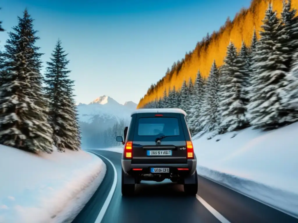 Conquista invernal: 4x4 en la montaña nevada Conducción en distintos climas y terrenos: Un 4x4 en la nieve, con árboles y montañas nevadas alrededor