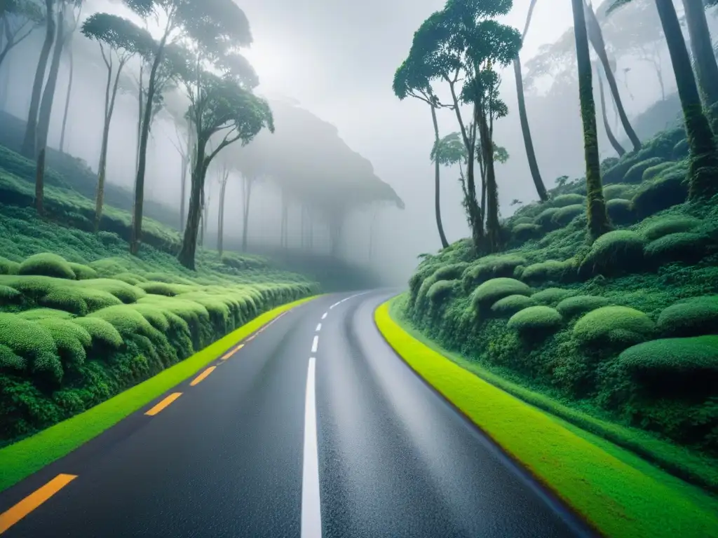 Ruta épica a través de la selva tropical: belleza y desafíos Conducción en distintos climas y terrenos: paisaje de selva tropical con carretera serpenteante, árboles cubiertos de musgo y neblina en el aire