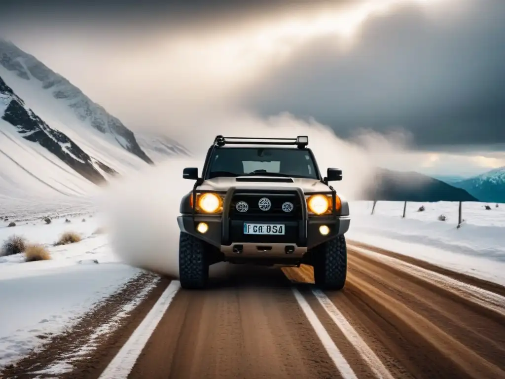 Vehículo todoterreno en tormenta de nieve en montaña Conducción en distintos climas y terrenos: Un todoterreno desafiando una tormenta de nieve en la montaña