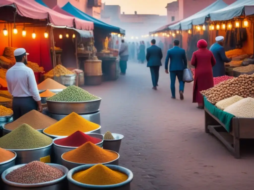 Mercado callejero en Marrakech: atardecer vibrante Consejos fotografía viajes color luz: Atardecer dorado en un bullicioso mercado callejero de Marrakech, Marruecos