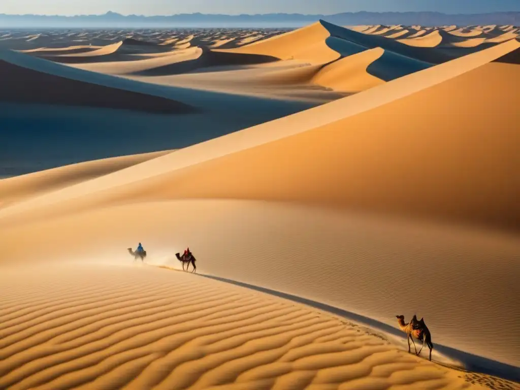 Desierto dorado: caravana de camellos en 8k Consejos para explorar desiertos: Una caravana de camellos atraviesa un vasto desierto bajo el sol abrasador, entre dunas de arena dorada