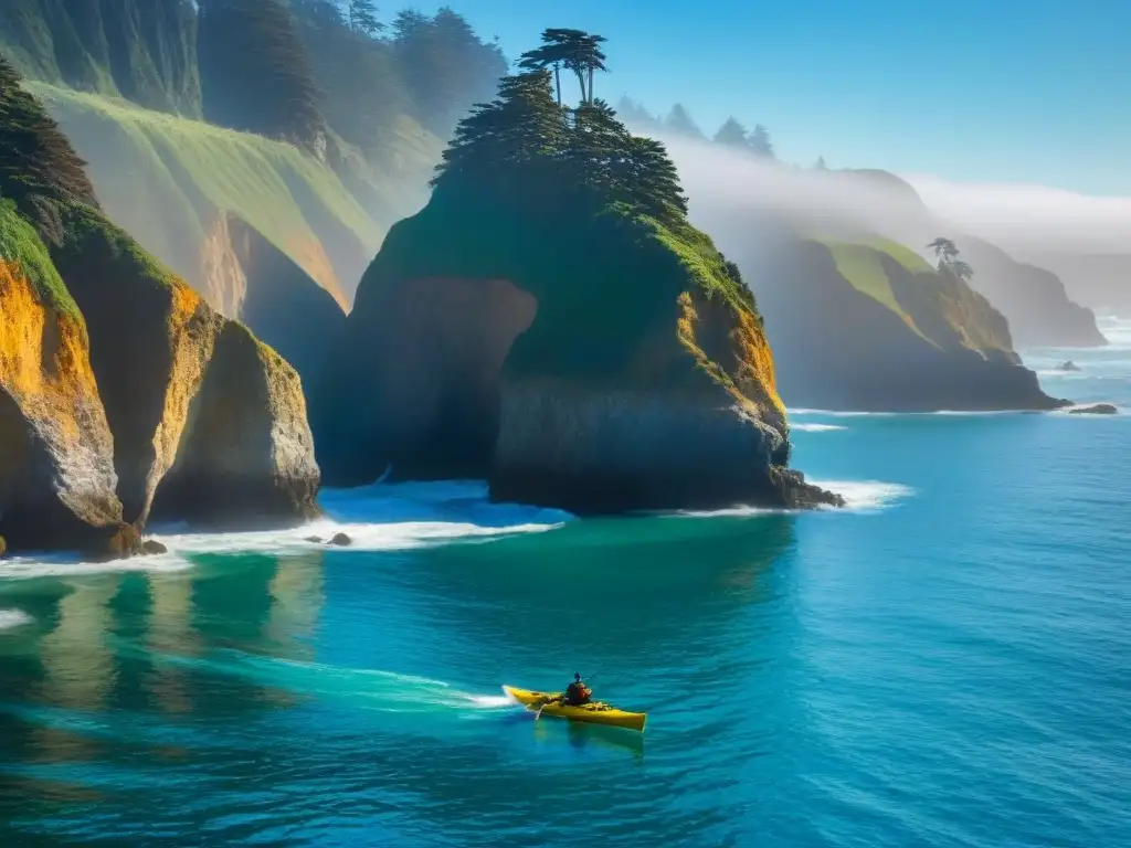 Exploración acuática en la costa de Highway 101: acantilados, cuevas marinas, aguas turquesas y un kayakista solitario