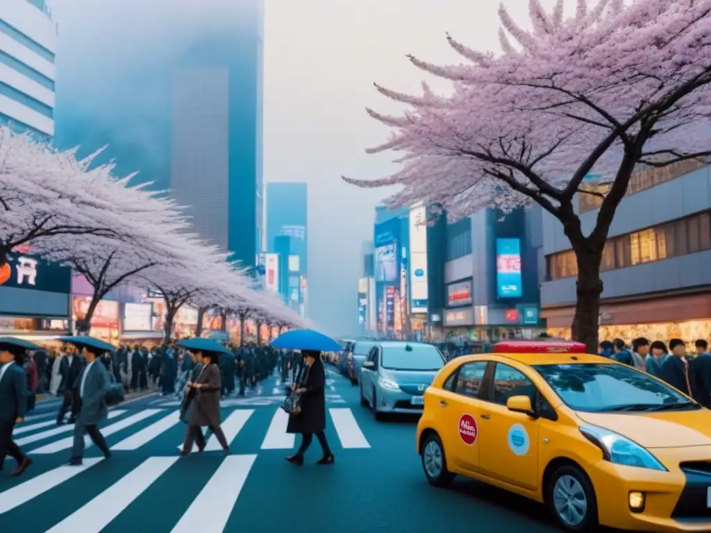 Tokio: Encuentro cultural y tecnológico en el tráfico Crucial preparación cultural para conducción internacional en cruce de Tokio con vehículos y peatones bajo neones y cerezos en flor