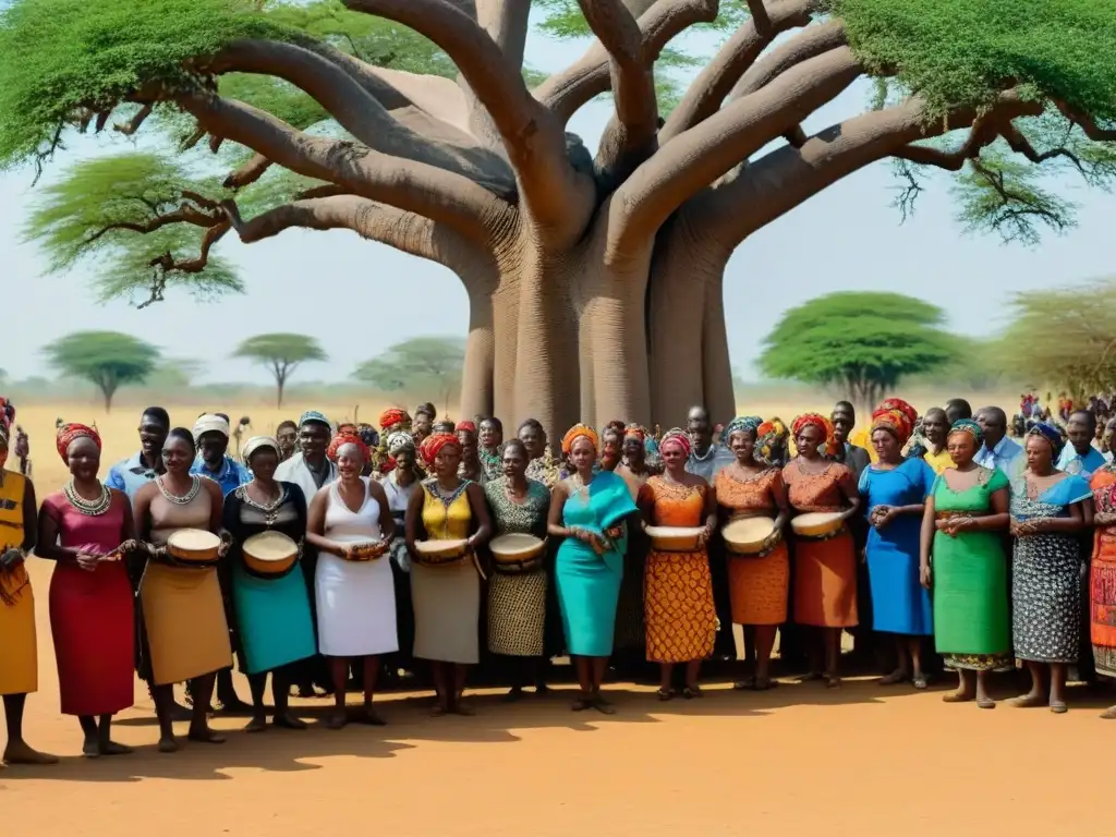 Celebración tribal bajo baobab en Zambia Villaje de Zambia danza tribal bajo árbol baobab, colores vibrantes y ritmo de tambores