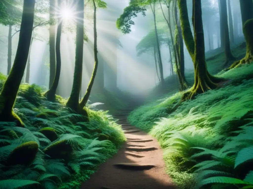 Sendero montañoso en bosque místico de árboles antiguos Descubre descuentos exclusivos en rutas legendarias entre bosques verdes y misteriosos