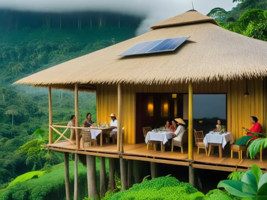 Ecolodge sostenible en la selva amazónica Un ecolodge sostenible en la selva amazónica con viajeros disfrutando de una comida local fresca bajo un techo de paja
