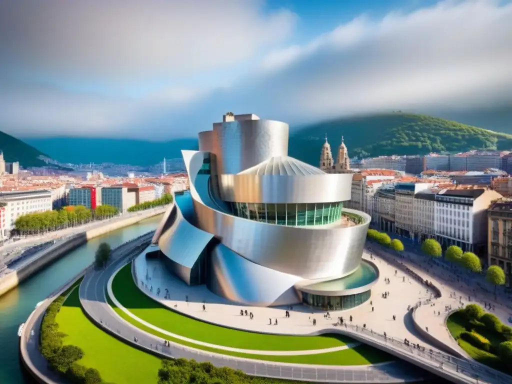 Arquitectura icónica: Guggenheim Bilbao en movimiento Edificio emblemático en carreteras: La icónica arquitectura retorcida del famoso Museo Guggenheim en Bilbao, España, destaca en la bulliciosa ciudad