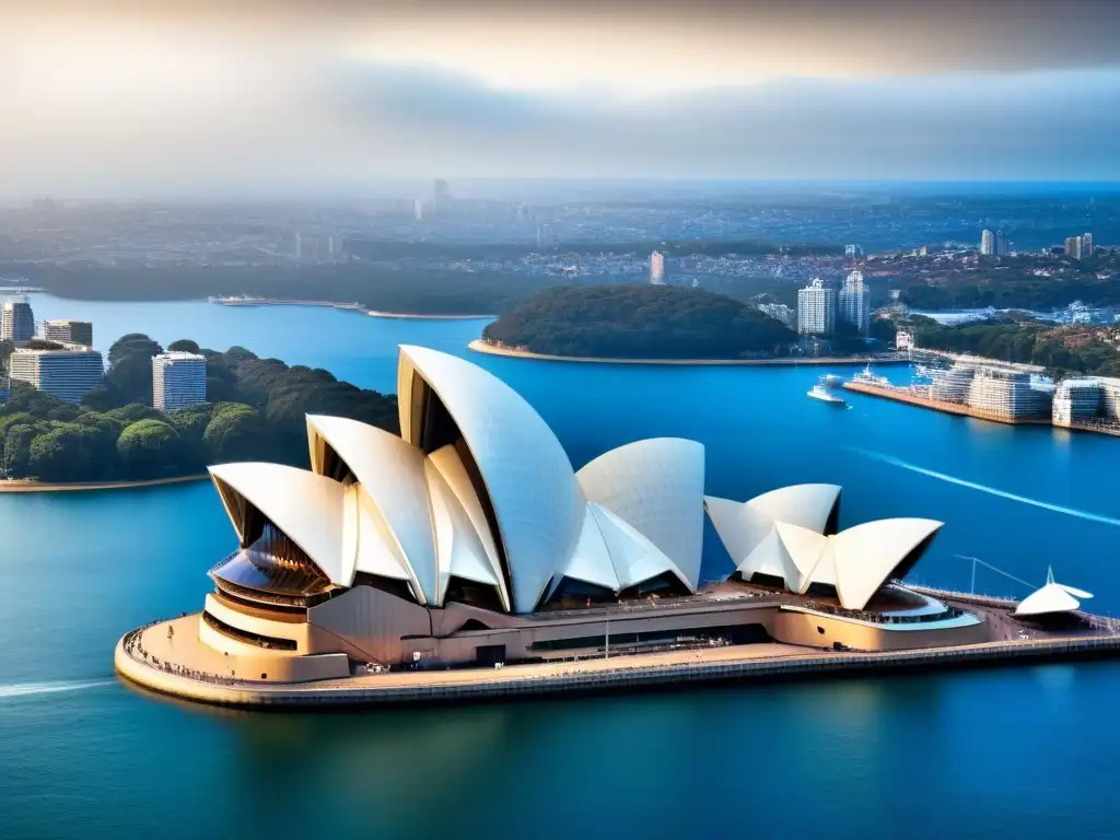 Opera House de Sydney: diseño moderno y majestuoso bajo el cielo azul Edificio emblemático en carreteras: la icónica Sydney Opera House en Australia, con sus blancas velas brillantes bajo el cielo azul