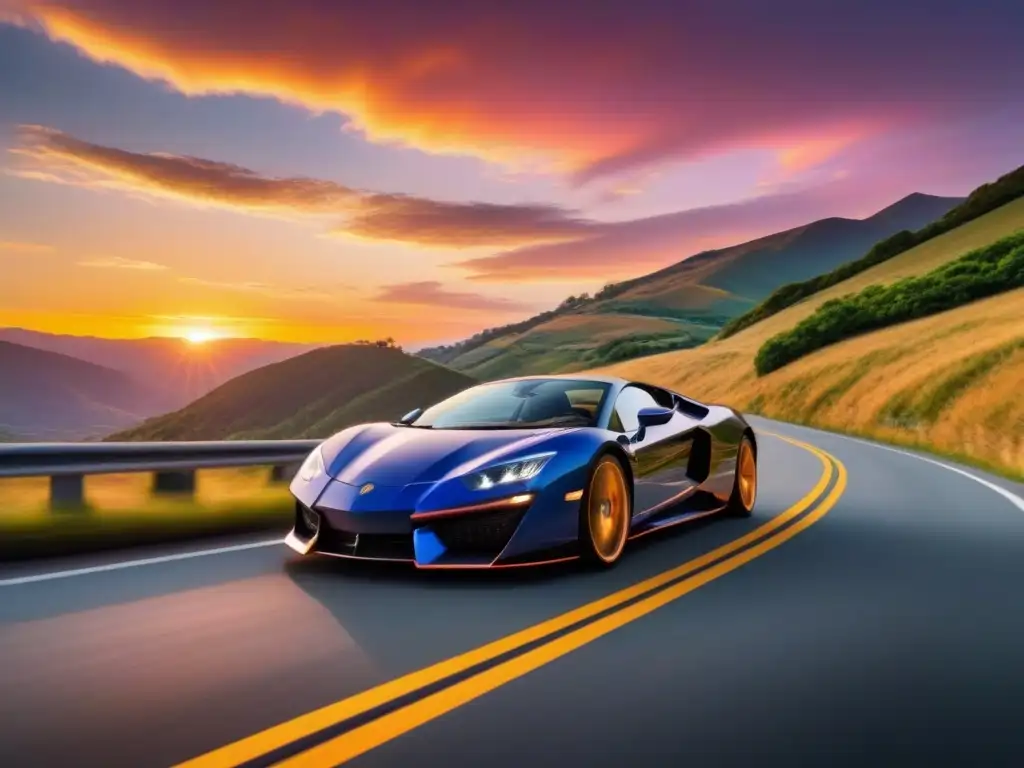 Deportivo de lujo surcando carretera montañosa al atardecer Un elegante auto deportivo recorre una carretera de montaña al atardecer, reflejando el cielo anaranjado y rosa mientras ilumina la ruta