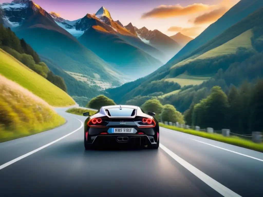 Un elegante coche deportivo negro recorriendo una pintoresca carretera de montaña al atardecer, reflejando el cielo vibrante en su exterior pulido